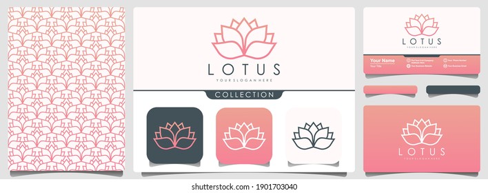 lotus flower logo with set of pattern and business card template. Yoga center, spa, beauty salon luxury