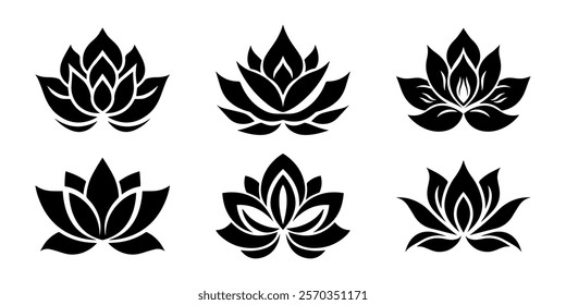 Lotus flower logo. Lotus silhouette. Set of black lotus logo. Vector illustrations isolated on white background. Can be used as icon, sign or symbol - for yoga and meditation, for spa salon.