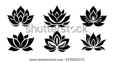 Lotus flower logo. Lotus silhouette. Set of black lotus logo. Vector illustrations isolated on white background. Can be used as icon, sign or symbol - for yoga and meditation, for spa salon.