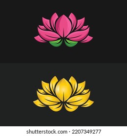 Lotus Flower Logo. Vector Design Template Of Lotus On Dark Background In Flat Style With Golden And Pink Color  For Eco, Beauty, Spa, Yoga, Medical Companies.