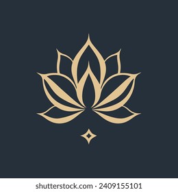 Logo de la flor de Lotus. Plantilla de diseño vectorial de iconos de loto sobre fondo oscuro y rosa en estilo plano y contorno con efecto dorado para eco, belleza, spa, yoga, compañías médicas.