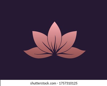 Lotus flower logo.Abstract ornamental artistic icon isolated on dark background.Soft pink color vector shape.Luxury, elegant style beauty, spa, meditation yoga symbol.Petal, leaves elements.
