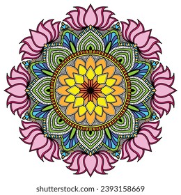 lotus flower mandala, Ethnic mandala with colorful tribal ornament for decoration, spiritual decor, festivities, coloring book. Isolated. Bright colors.