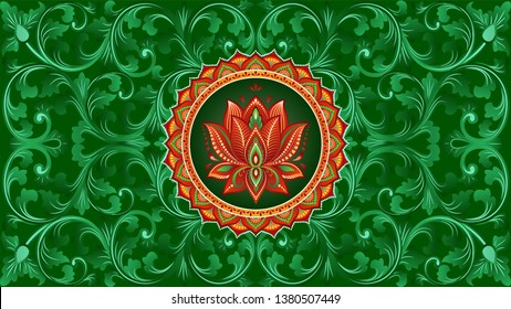 Lotus Flower Mandala With Green Color Vines And Flourishes Background Ornament 