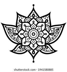 Lotus flower with mandala vector design - yoga, zen, buddhism, meditation, mindfulness concept. Decorative lotus pattern inspired by Mehndi henna tattoo art from India - boho style

