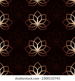 Lotus blüht metallisches Farbverlauf-nahtloses Muster auf schwarzem Hintergrund. Vektorgrafik. Goldener Lotus.