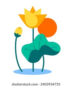 Lotus flower - modern flat design style single isolated image. Neat detailed illustration of delicate bud of water lily in a yellow shade with a large green leaf. Meditation and unity with nature idea