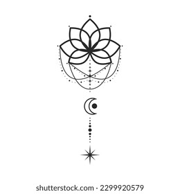 Lotus flower moon and stars line art element isolated. Abstract constellation composition, Graphic design tattoo.