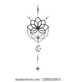 Lotus flower moon and stars line art element isolated. Abstract constellation composition, Graphic design tattoo.