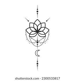 Lotus flower moon and stars line art element isolated. Abstract constellation composition, Graphic design tattoo.