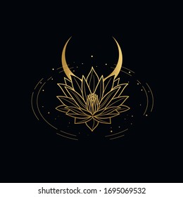 Lotus flower and Moon. Vector hand drawn illustration