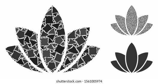 Lotus flower mosaic of humpy pieces in different sizes and color tones, based on lotus flower icon. Vector irregular items are composed into mosaic. Lotus flower icons collage with dotted pattern.