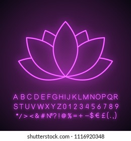 Lotus flower neon light icon. Glowing sign with alphabet, numbers and symbols. Vector isolated illustration