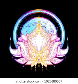 Lotus flower on a background of a planet with an orbit. Sacred tattoo, ptor illustration. Pattern, a decorative element. Mascot, mascot, amulet. Space, energy.oster. Lunar cycle, bloom, flowering. Vec