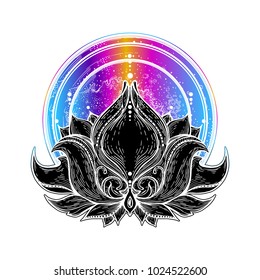 Lotus flower on a background of a planet with an orbit. Sacred tattoo, ptor illustration. Pattern, a decorative element. Mascot, mascot, amulet. Space, energy.oster. Lunar cycle, bloom.  Meditation.