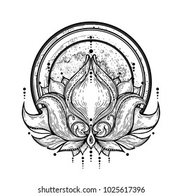 Lotus flower on a background of a planet with an orbit. Sacred tattoo. Vector illustration. Pattern, a decorative element. Mascot, mascot, amulet. Space, energy. Lunar cycle, bloom. Meditation. Art.