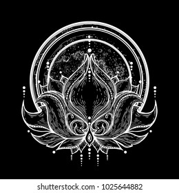 Lotus flower on a background of a planet with an orbit. Sacred tattoo. Vector illustration. Pattern, a decorative element. Mascot, mascot, amulet. Space, energy. Lunar cycle, bloom. Meditation. Art.