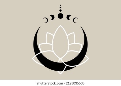 Lotus Flower on Crescent Moon, Mystical Moon Phases, Sacred geometry. Half moon pagan Wiccan goddess symbol, silhouette wicca logo template, energy circle, vector isolated on old vintage background