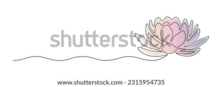 Lotus flower in one continuous line drawing. Yoga studio logo and wellness spa banner and business card in simple linear style. Water lily editable stroke. Doodle vector illustratio