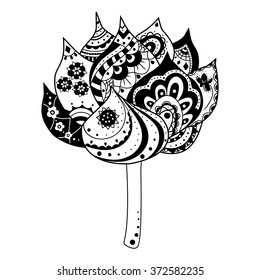 Lotus flower with ornamental Indian elements and symbols. Boho Style illustration. Vector monochrome hand drawing