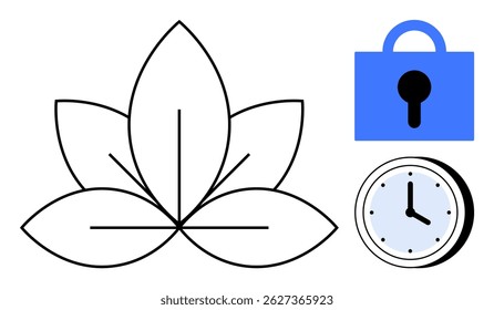 Lotus flower outline with a blue lock and a clock. Ideal for themes like nature, security, mindfulness, time management, and health. Simple modern style
