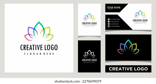 lotus flower overlapping color icon logo design template with business card design