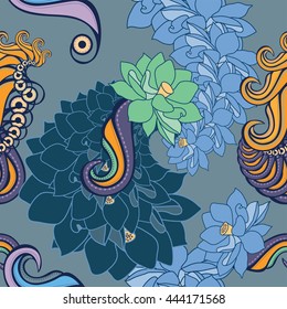 lotus flower paisley vector seamless pattern