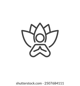 Flor de loto y una persona que medita el icono de la línea. signo de estilo lineal para el concepto móvil y el Diseño web. Icono de Vector de contorno de meditación de yoga. Símbolo de atención plena, ilustración de logotipo. Gráficos de Vector