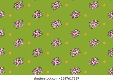 lotus flower petal with star colorful seamless pattern on green background. lotus flower doodle illustration pattern background. lotus petal with lighting background for florist decor and merchandise