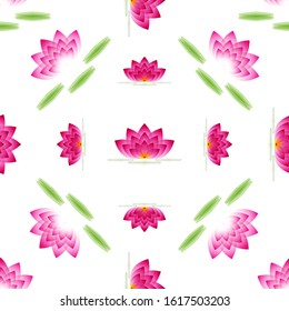 Lotus Flower pink profile with leaves on a white background, geometric seamless pattern, vector.