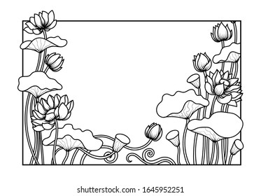Lotus Flower Reactangle Frame, Line art Illustration, Isolated Vector
