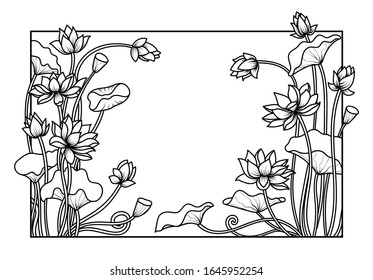 Lotus Flower Reactangle Frame, Line art Illustration, Isolated Vector