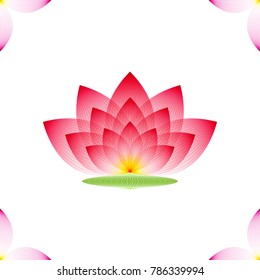 Lotus Flower red and green leaf, profile on a white background, geometric pattern, vector.