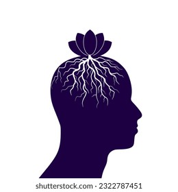 Lotus flower rooted in male head. Mental health and yoga concept