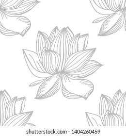 lotus flower seamless floral pattern hand drawn sketch grey and white