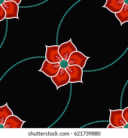 Lotus flower seamless pattern with dotted garlands. Buddhist Temple traditional floral ornament. Oriental decorative motif. Abstract colorful Background. Vector illustration.