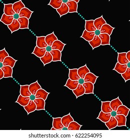Lotus flower seamless pattern with dotted garlands. Buddhist Temple traditional floral ornament. Oriental decorative motif. Abstract colorful Background. Vector illustration.