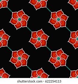 Lotus flower seamless pattern with dotted garlands. Buddhist Temple traditional floral ornament. Oriental decorative motif. Abstract colorful Background. Vector illustration.
