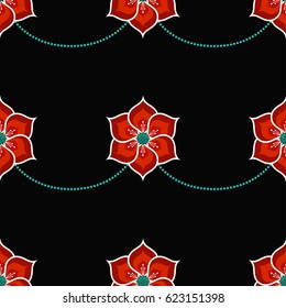 Lotus flower seamless pattern with dotted garlands. Buddhist Temple traditional floral ornament. Oriental decorative motif. Abstract colorful Background. Vector illustration.