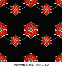 Lotus flower seamless pattern with dotted garlands. Buddhist Temple traditional floral ornament. Oriental decorative motif. Abstract colorful Background. Vector illustration.