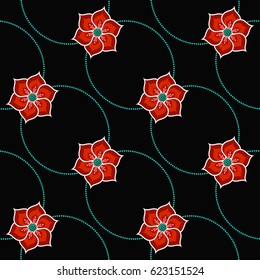 Lotus flower seamless pattern with dotted garlands. Buddhist Temple traditional floral ornament. Oriental decorative motif. Abstract colorful Background. Vector illustration.