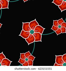 Lotus flower seamless pattern with dotted garlands. Buddhist Temple traditional floral ornament. Oriental decorative motif. Abstract colorful Background. Vector illustration.