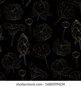 Lotus flower seamless pattern. gold engraved ink art. Floral tropical background with water lily, outline, hand-drawing.