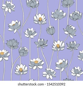 Lotus flower seamless pattern. Lilac vector background for fabric. - Powered by Shutterstock - Get 15% off with code: PIKWIZARD15