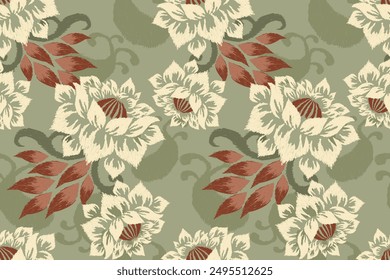 Lotus flower seamless pattern on green background.Ikat floral embroidery.lotus pattern with leaves background.flower seamless pattern.design for texture,fabric,clothing,decoration,fashion women,print.