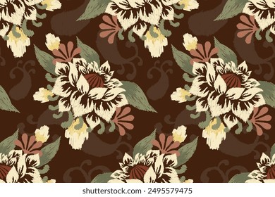 Lotus flower seamless pattern on brown background.Ikat floral embroidery.lotus pattern with leaves background.flower seamless pattern.design for texture,fabric,clothing,decoration,fashion women,print.