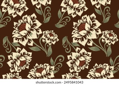 Lotus flower seamless pattern on brown background.Ikat floral embroidery.lotus pattern with leaves background.flower seamless pattern.design for texture,fabric,clothing,decoration,fashion women,print.