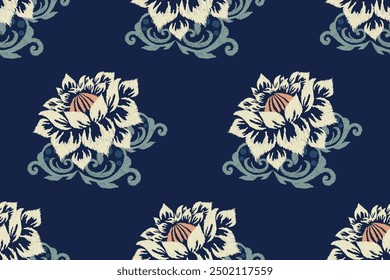 Lotus flower seamless pattern on Navy blue background.Ikat floral embroidery.lotus pattern with leaves background.flower seamless pattern.design for texture,fabric,clothing,decoration,fashion women.