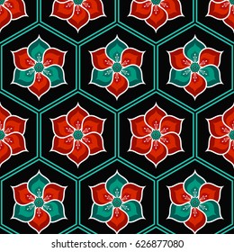 Lotus flower seamless pattern in trellis of hexagons. Buddhist Temple traditional floral ornament. Oriental decorative motif. Abstract colorful Background. Vector illustration.