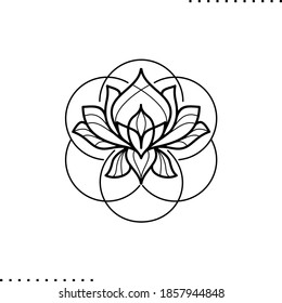 Flor de Lotus y la semilla del signo de geometría sagrada de vida, ilustración de contorno vectorial en blanco y negro